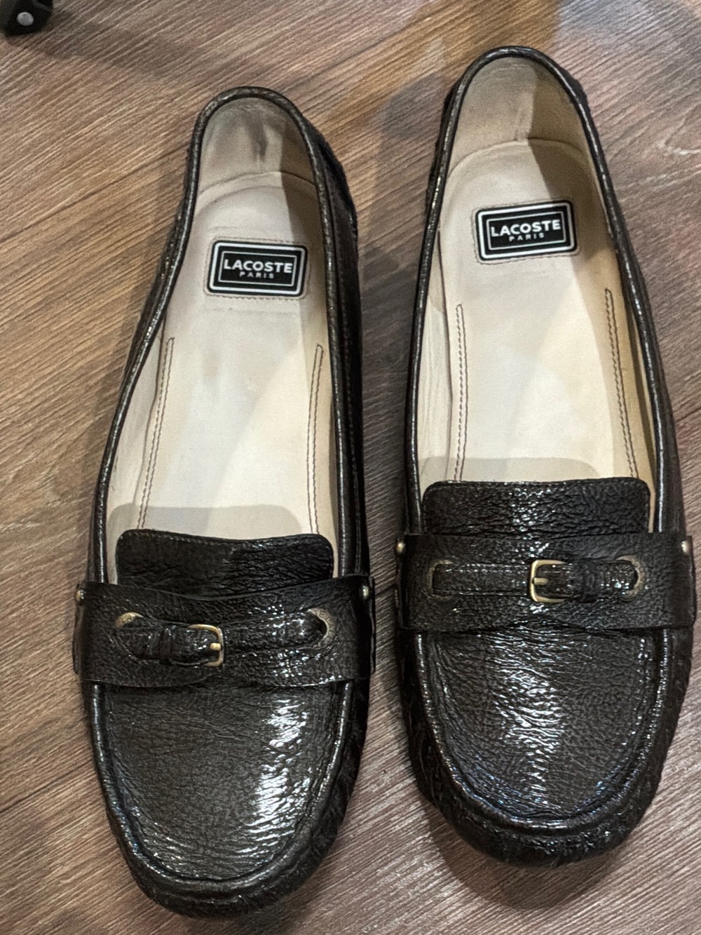Lacoste Women's Dark Brown Pebbled Leather Loafers with Gold Buckle